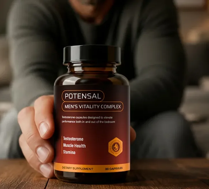 Close-up of the Potensal bottle label setting out each component and its amount per capsule