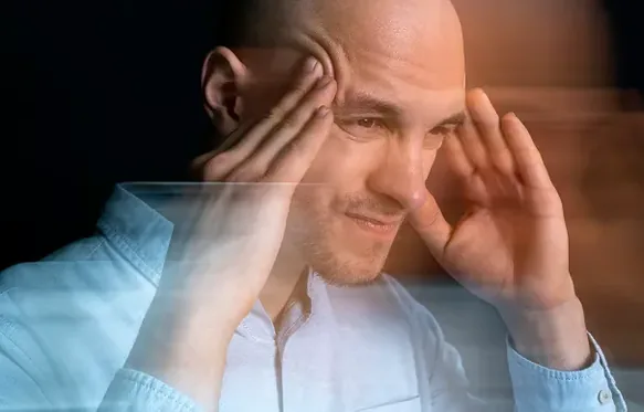 Man pressing his temples, showing the weight of a busy mind